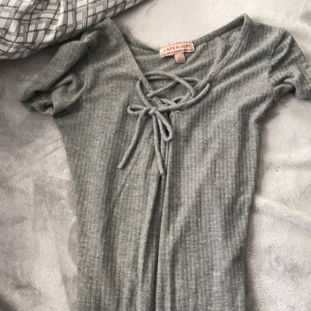gray tie up body suit